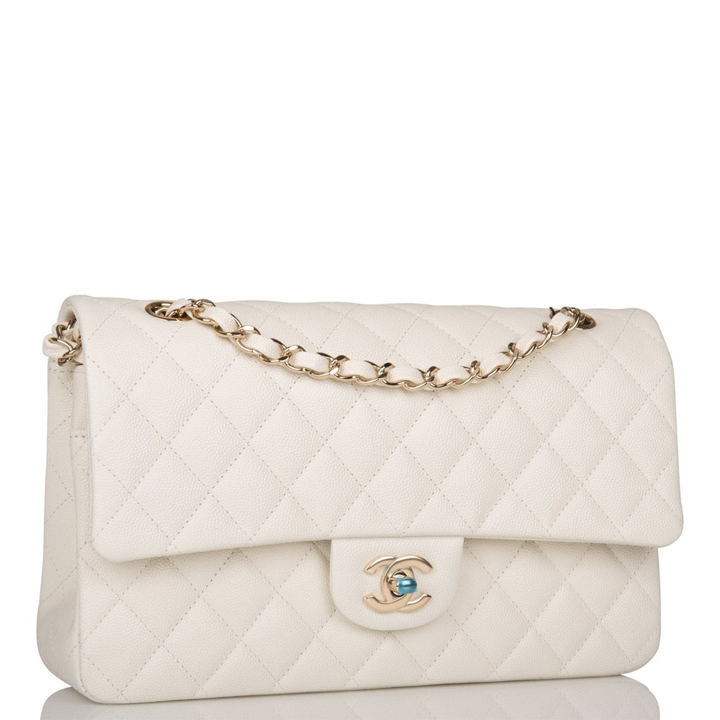 Chanel White Quilted Caviar Medium Classic Double Flap Bag Light Gold Hardware