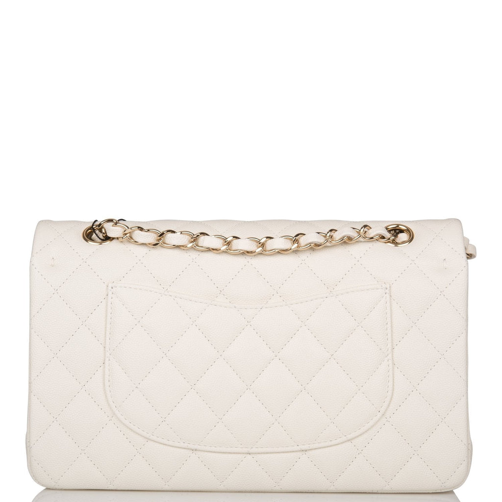 Chanel White Quilted Caviar Medium Classic Double Flap Bag Light Gold Hardware