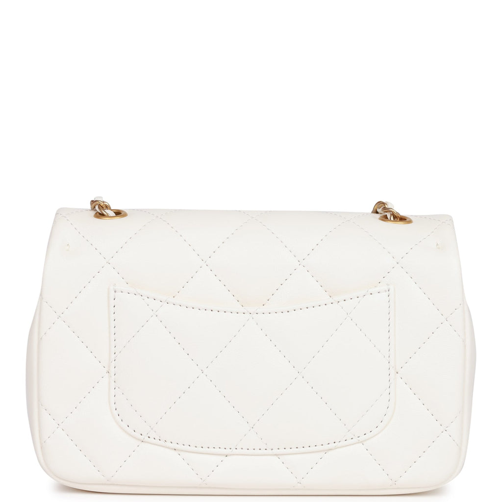 Chanel Mini Rectangular Flap Bag with Heart Chain White Lambskin Antique Gold Hardware