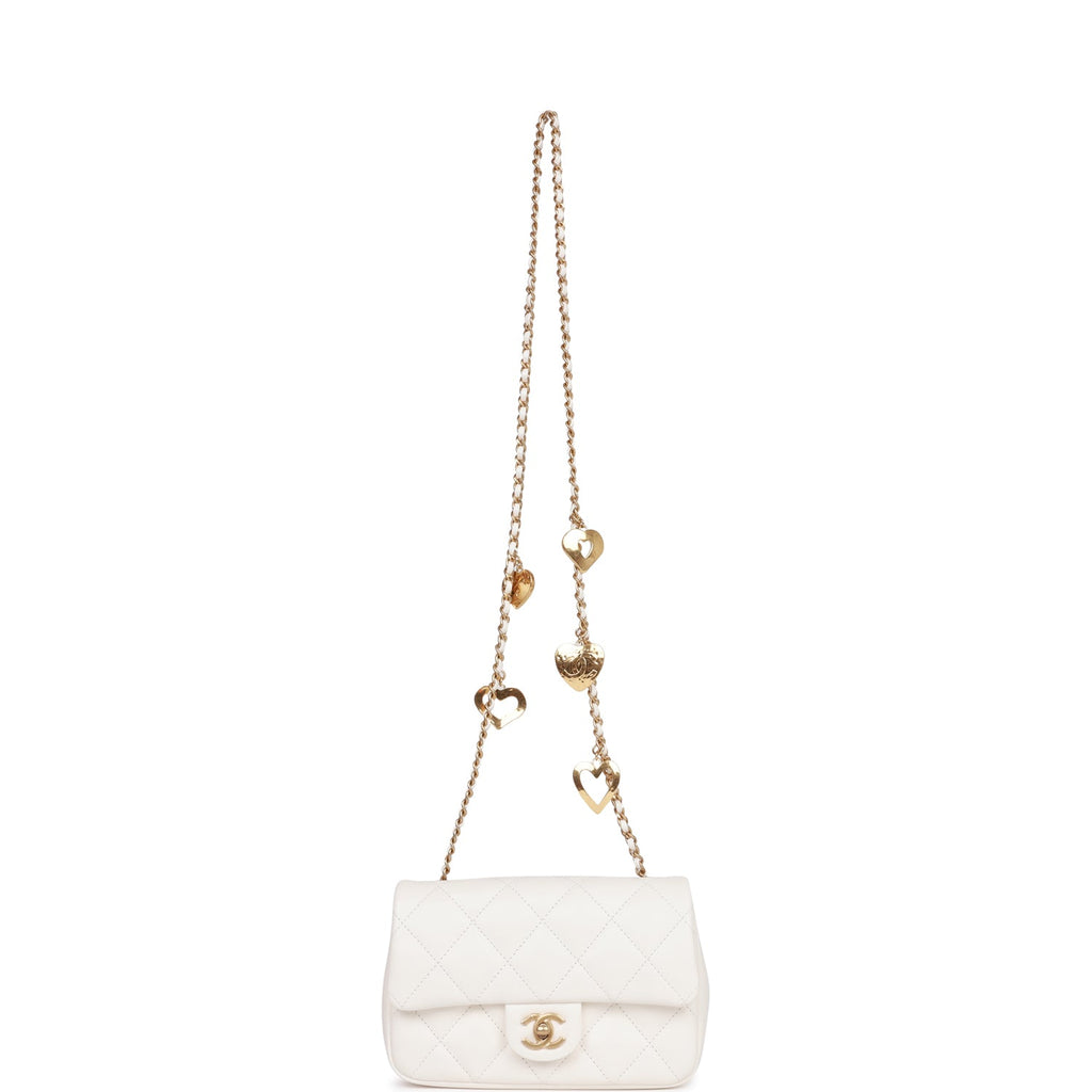 Chanel Mini Rectangular Flap Bag with Heart Chain White Lambskin Antique Gold Hardware