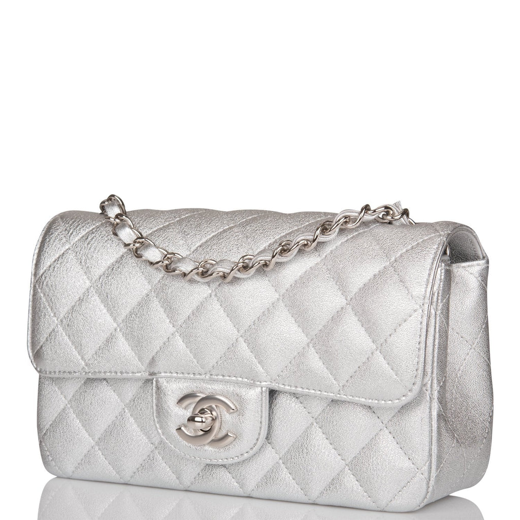 Chanel Mini Rectangular Flap Bag Silver Metallic Lambskin Silver Hardware