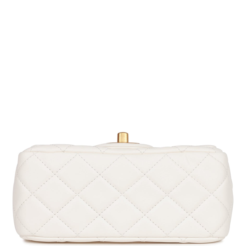 Chanel Pearl Crush Mini Square Flap Bag White Lambskin Antique Gold Hardware