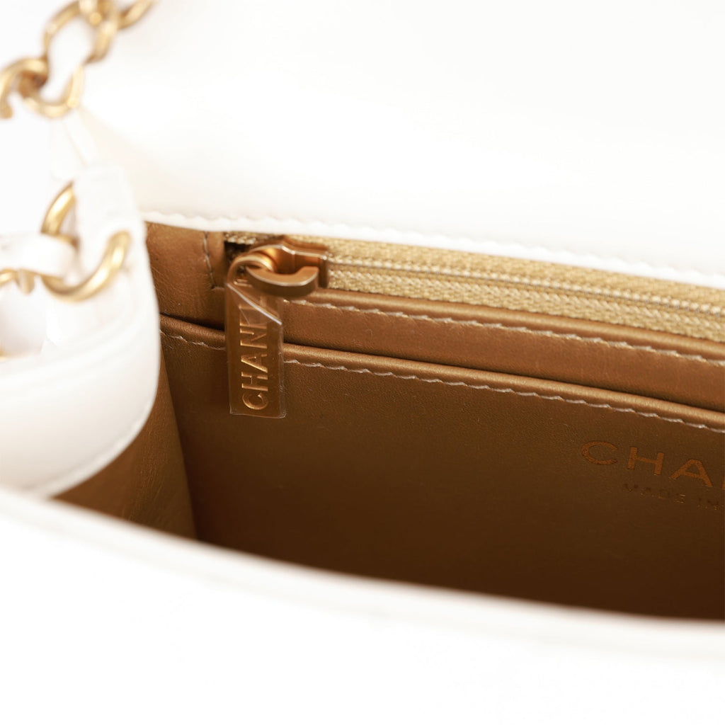 Chanel Pearl Crush Mini Square Flap Bag White Lambskin Antique Gold Hardware