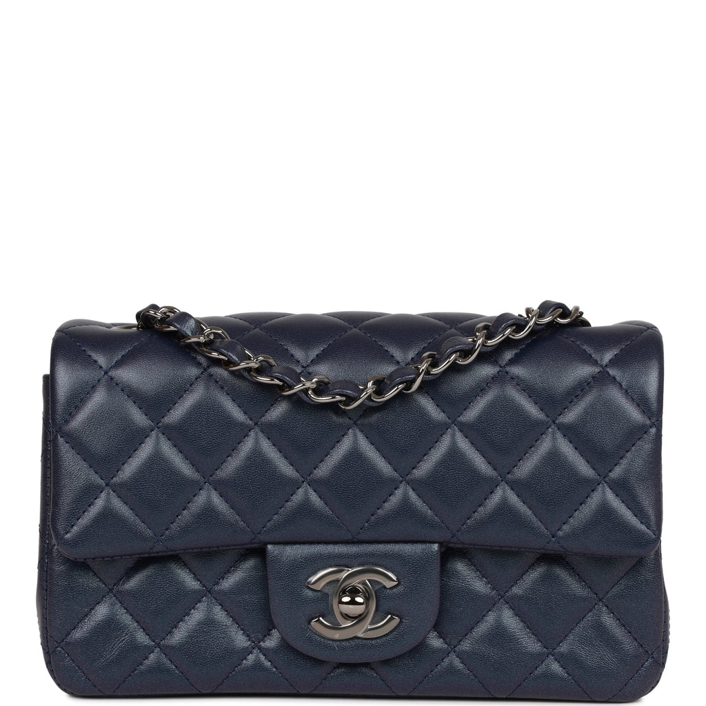 Chanel Mini Rectangular Flap Bag Navy Iridescent Lambskin Ruthenium Hardware