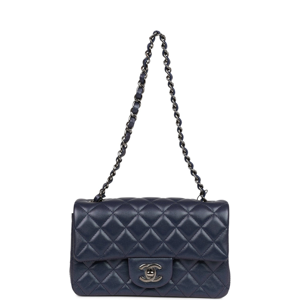 Chanel Mini Rectangular Flap Bag Navy Iridescent Lambskin Ruthenium Hardware