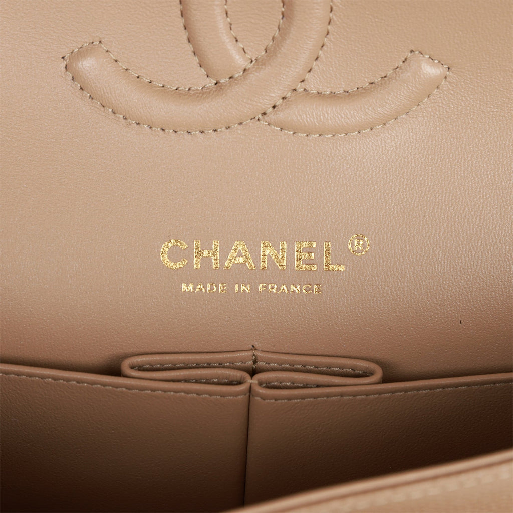 Chanel Medium Classic Double Flap Bag Dark Beige Caviar Light Gold Hardware
