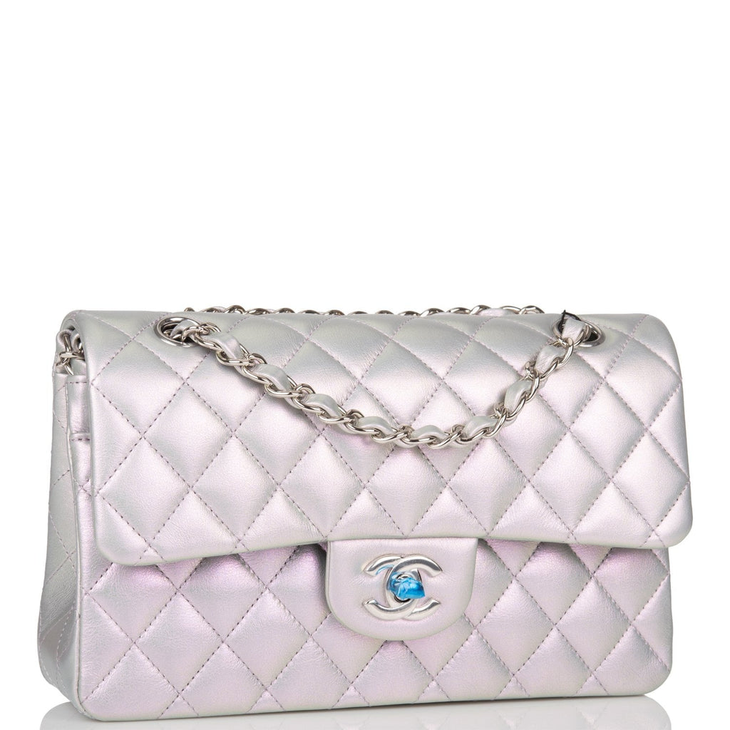 Chanel Small Classic Double Flap Bag Purple Iridescent Lambskin Silver Hardware