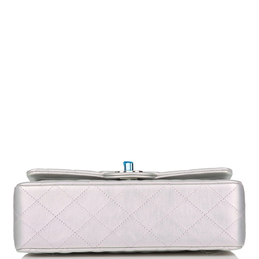 Chanel Small Classic Double Flap Bag Purple Iridescent Lambskin Silver Hardware