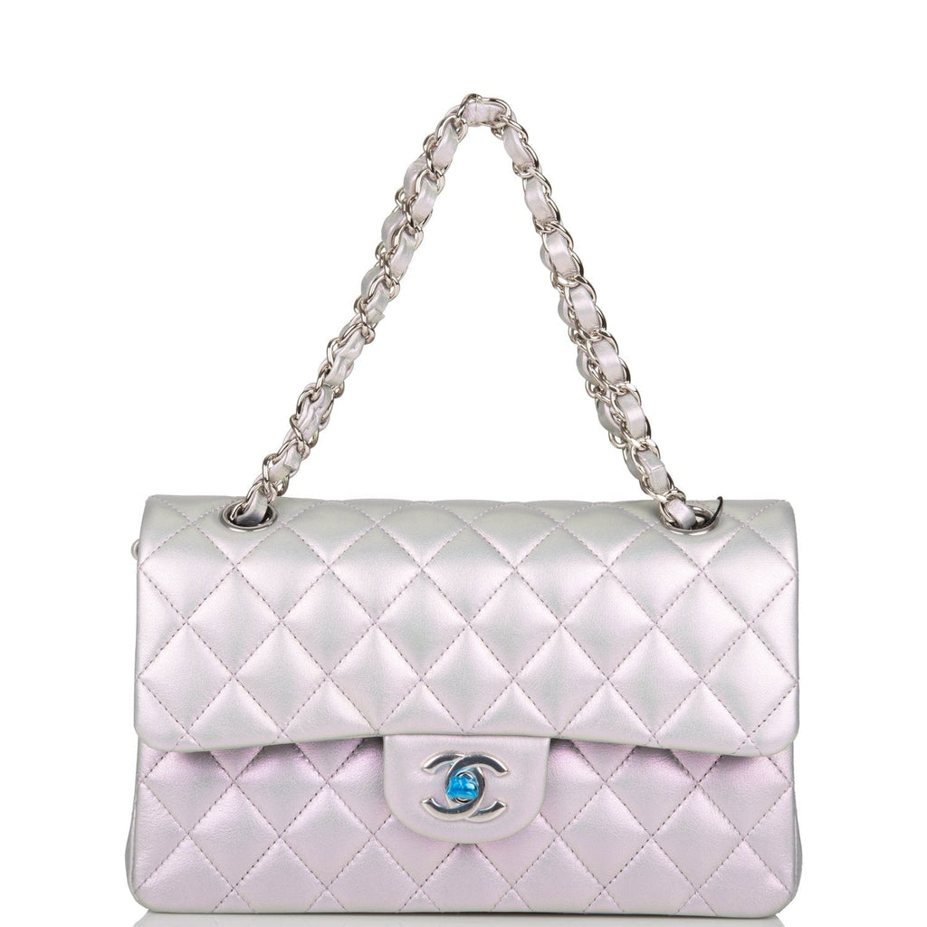 Chanel Small Classic Double Flap Bag Purple Iridescent Lambskin Silver Hardware
