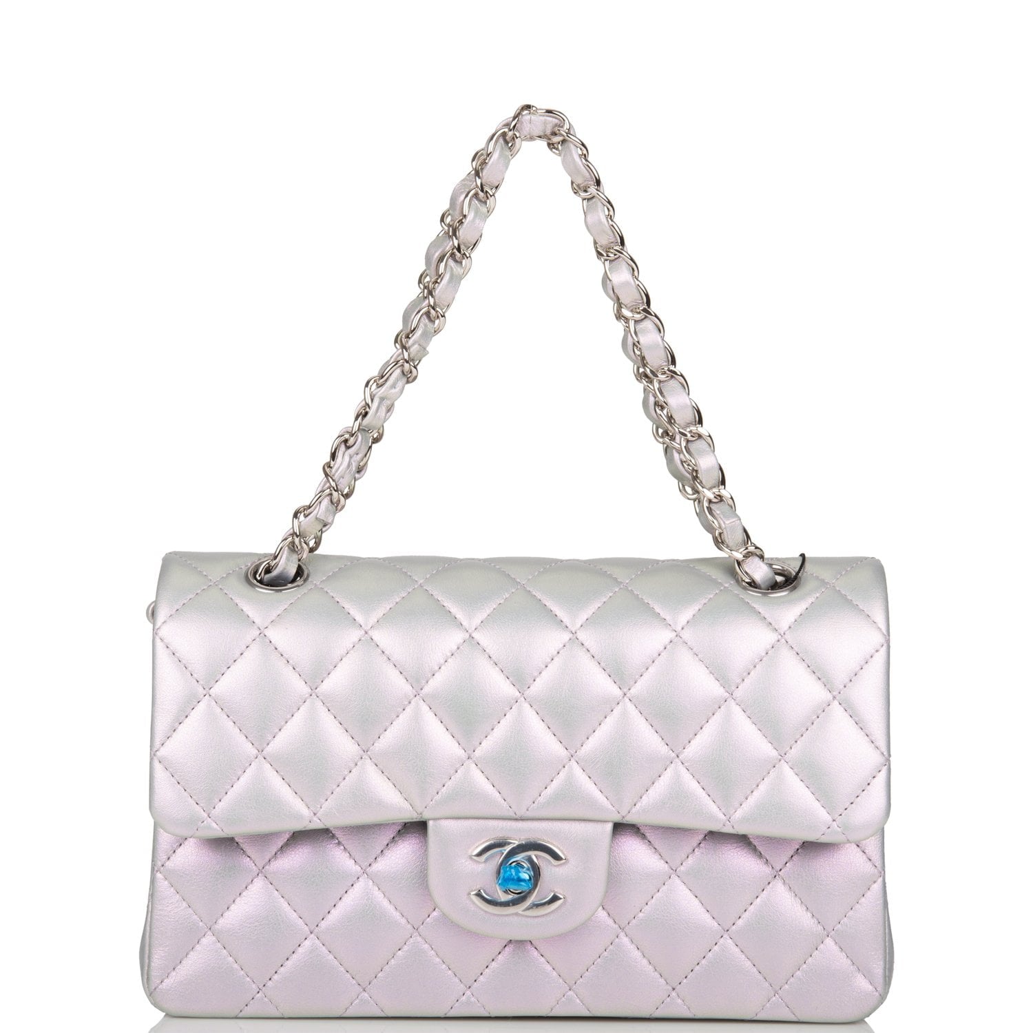 Chanel Small Classic Double Flap Bag Purple Iridescent Lambskin Silver Hardware