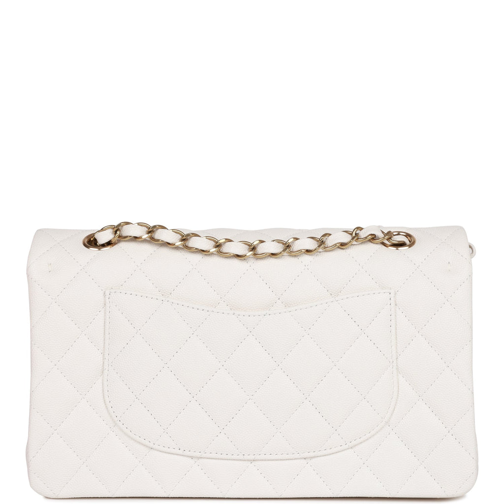 Chanel Medium Classic Double Flap Bag White Quilted Caviar Light Gold Hardware