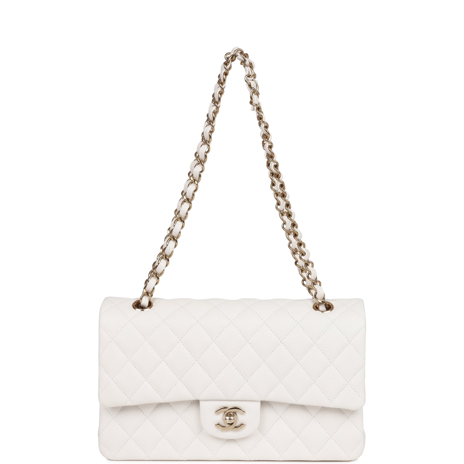 Chanel Medium Classic Double Flap Bag White Quilted Caviar Light Gold Hardware