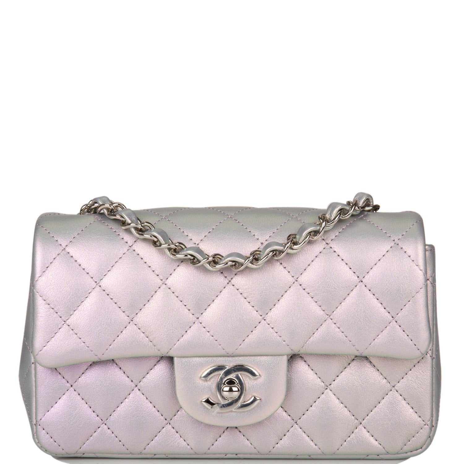 Chanel Mini Rectangular Flap Bag Purple Iridescent Quilted Lambskin Silver Hardware