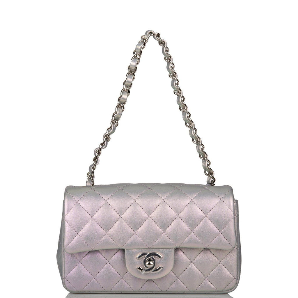 Chanel Mini Rectangular Flap Bag Purple Iridescent Quilted Lambskin Silver Hardware