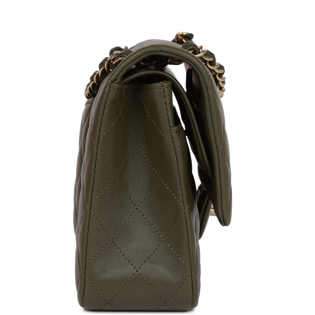 Chanel Medium Classic Double Flap Bag Olive Calfskin Light Gold Hardware