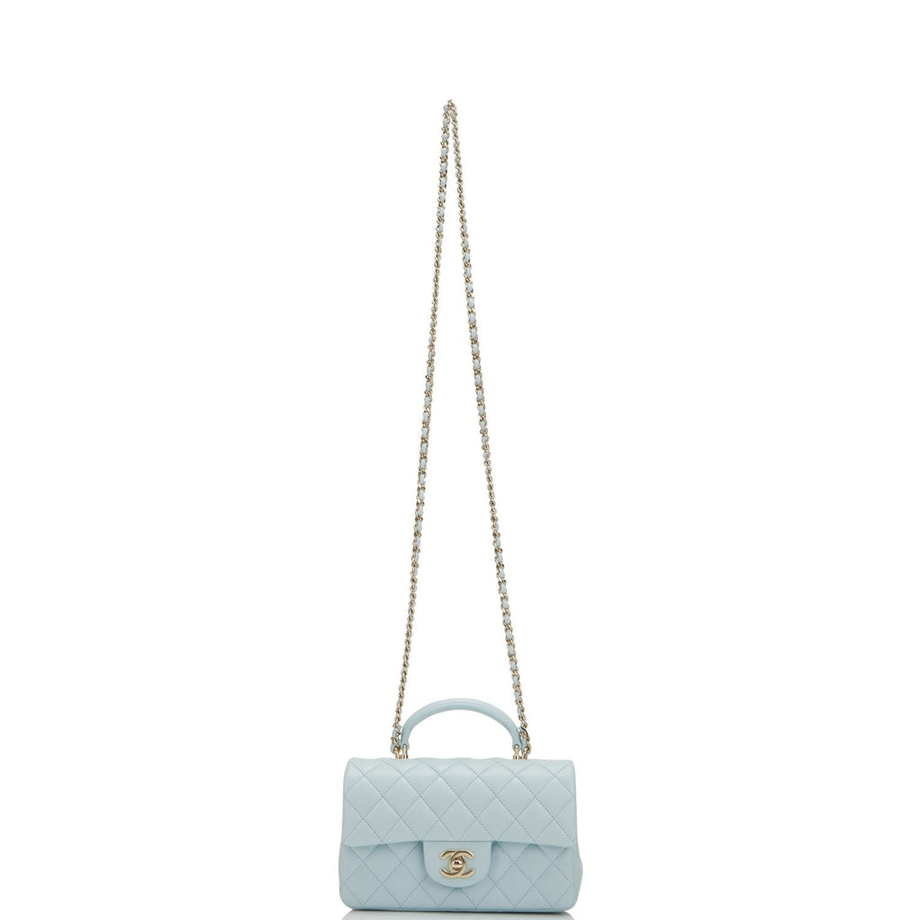 Chanel Mini Rectangular Flap with Top Handle Light Blue Lambskin Light Gold Hardware