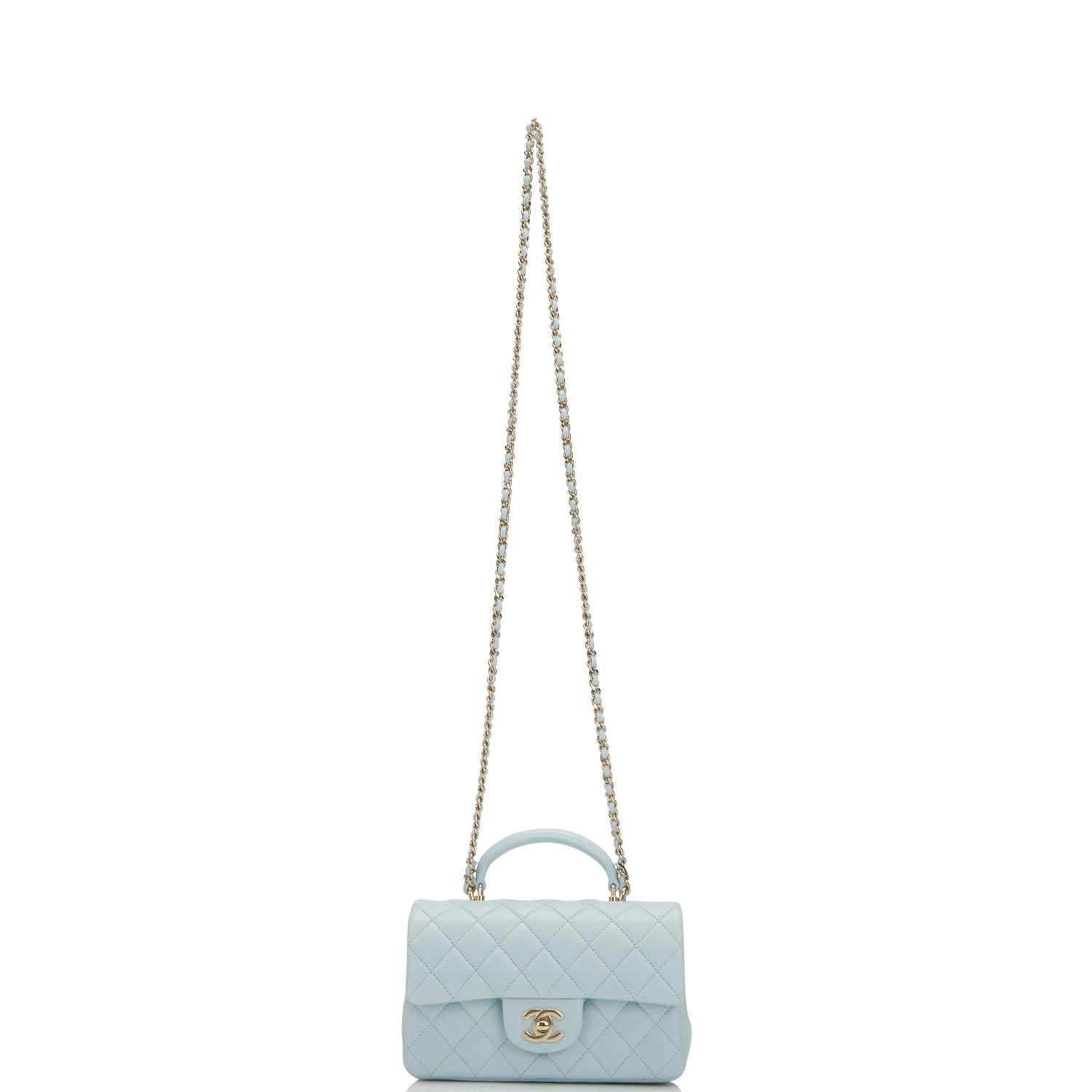 Chanel Mini Rectangular Flap with Top Handle Light Blue Lambskin Light Gold Hardware