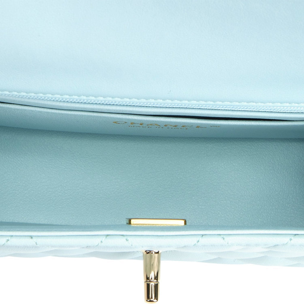 Chanel Mini Rectangular Flap with Top Handle Light Blue Lambskin Light Gold Hardware