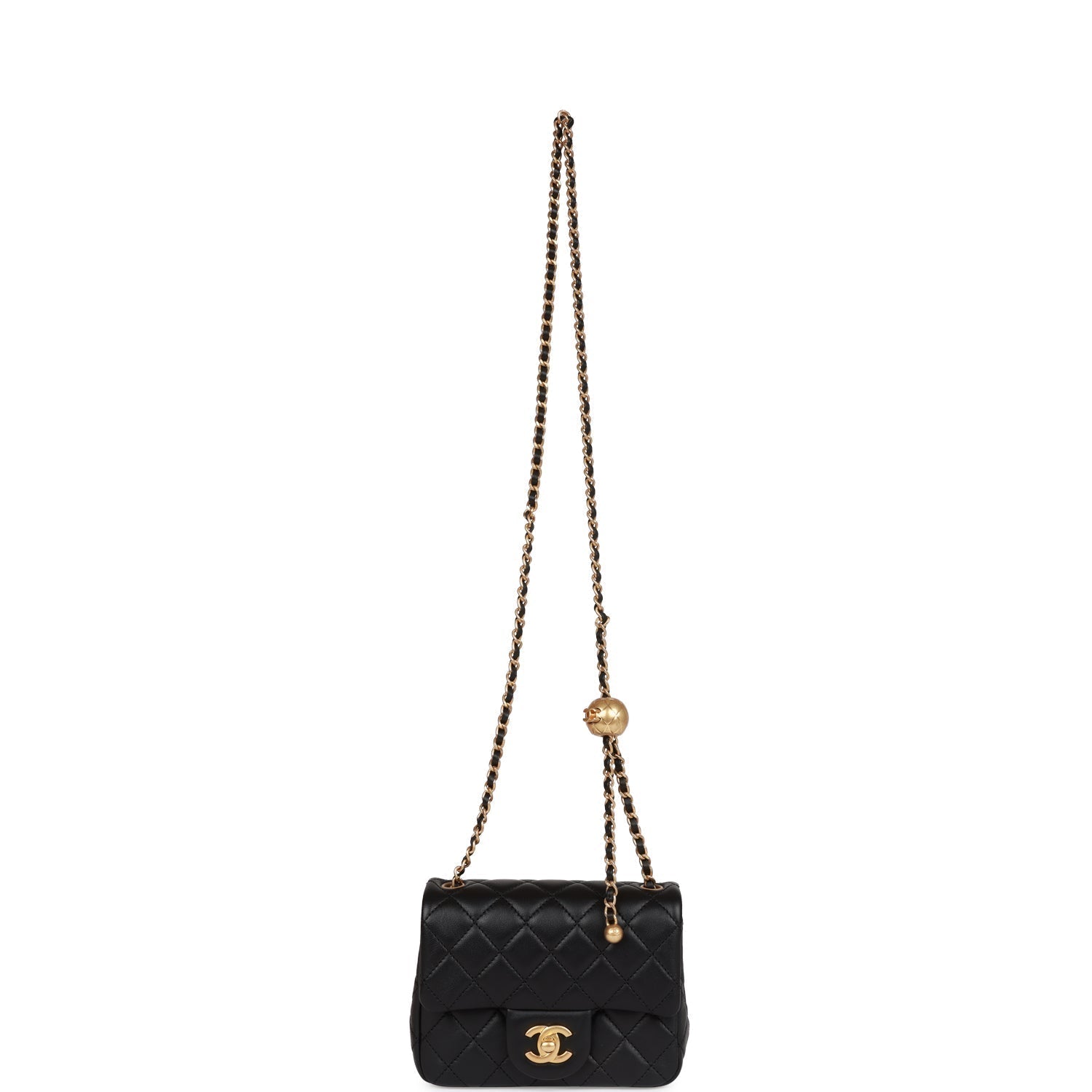 Chanel CC Pearl Crush Mini Square Flap Bag Black Lambskin Antique Gold Hardware