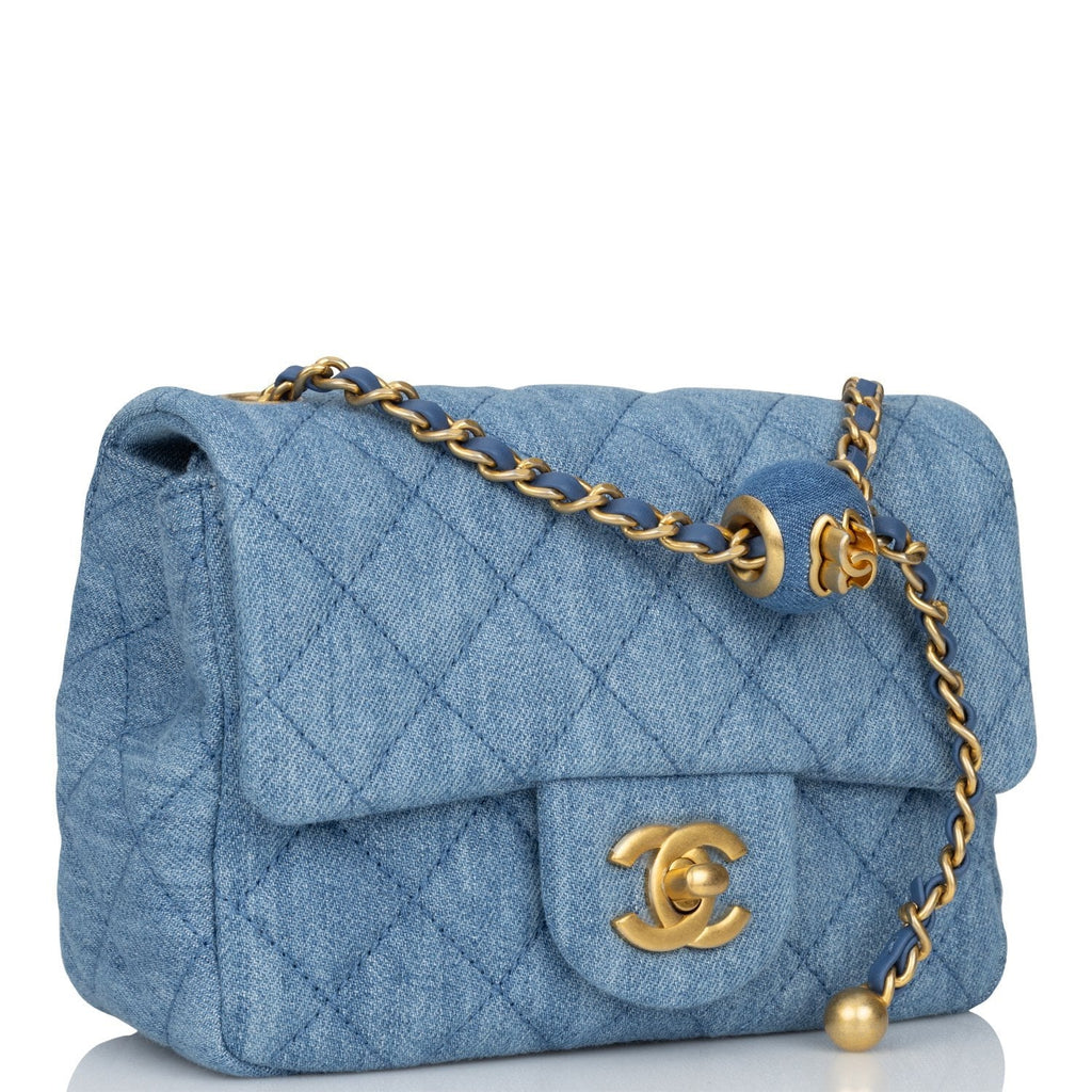 Chanel Pearl Crush Mini Square Flap Bag Denim Antique Gold Hardware