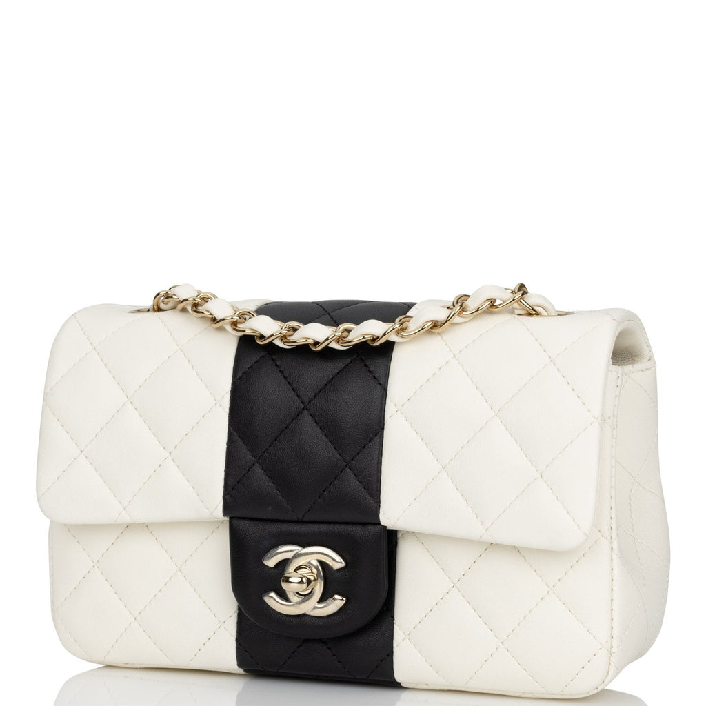 Chanel Mini Rectangular Flap Bag White and Black Lambskin Light Gold Hardware