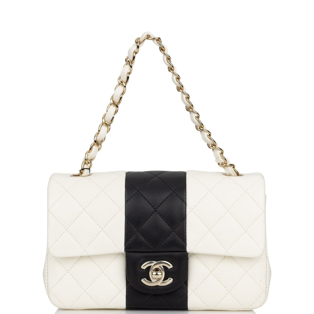Chanel Mini Rectangular Flap Bag White and Black Lambskin Light Gold Hardware