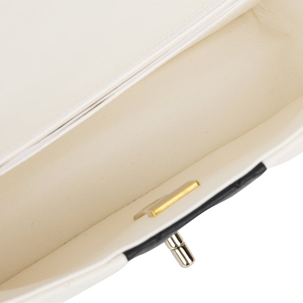 Chanel Mini Rectangular Flap Bag White and Black Lambskin Light Gold Hardware