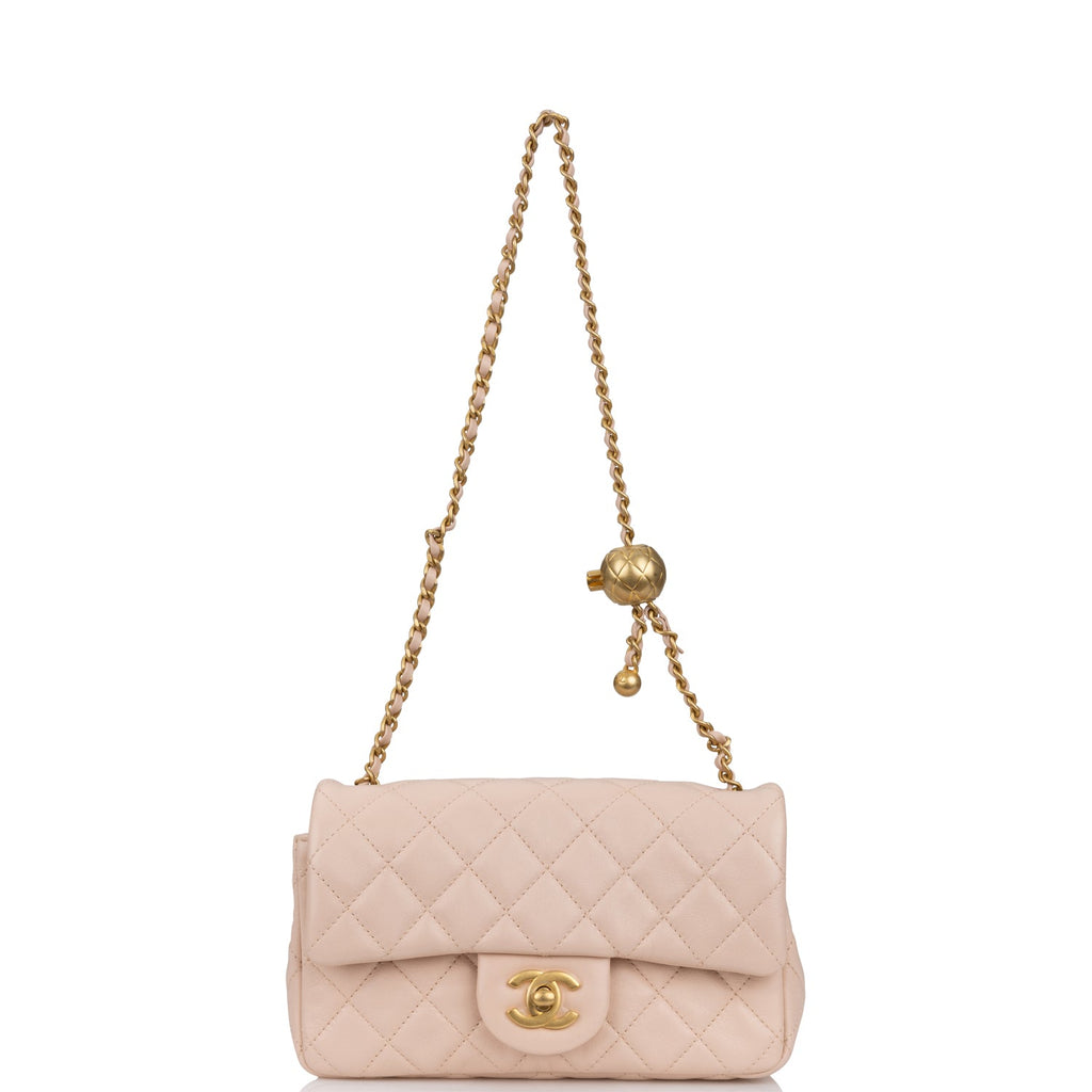 Chanel Pearl Crush Mini Rectangular Flap Bag Light Beige Lambskin Antique Gold Hardware