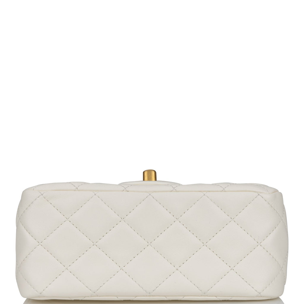 Chanel Pearl Crush Mini Square Flap Bag White Lambskin Antique Gold Hardware