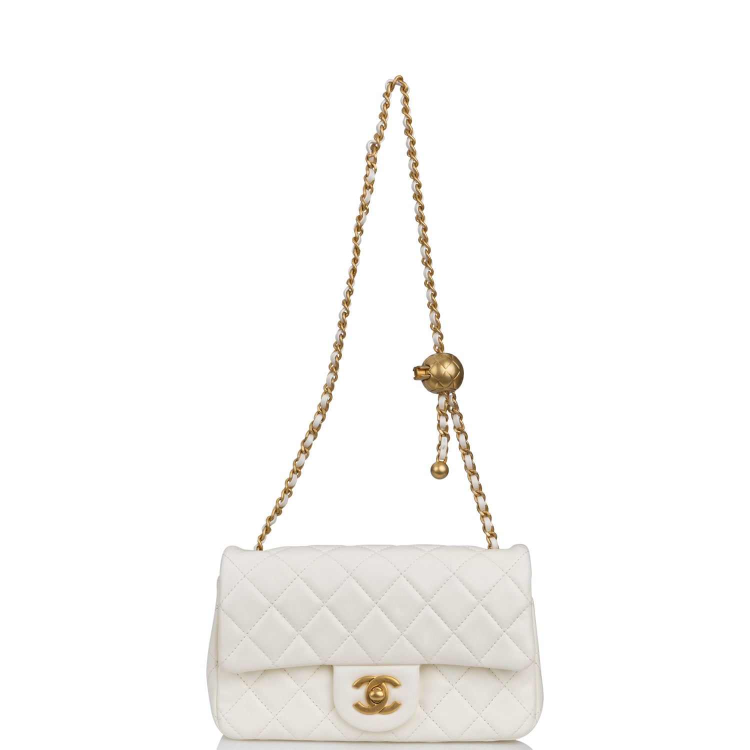 Chanel Pearl Crush Mini Rectangular Flap Bag White Lambskin Antique Gold Hardware