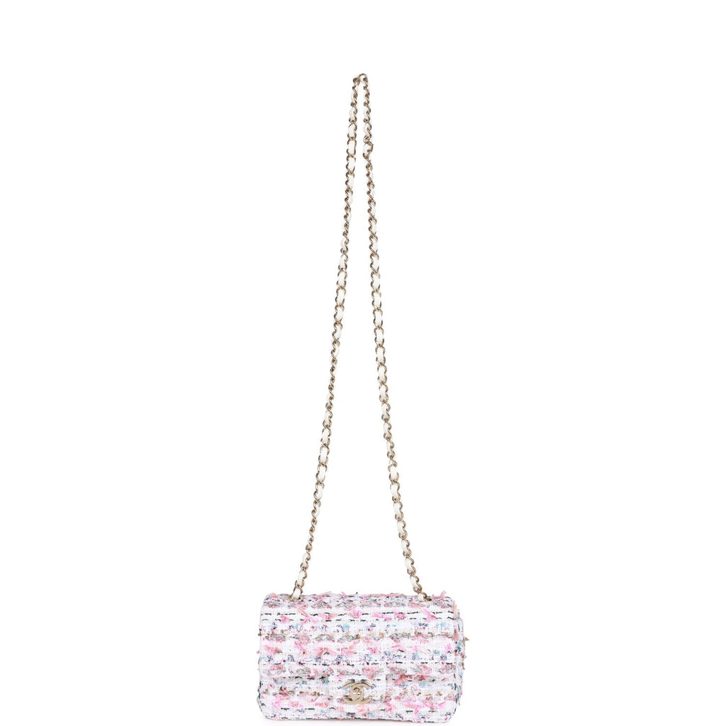 Chanel Mini Rectangular Flap Bag White Tweed Light Gold Hardware