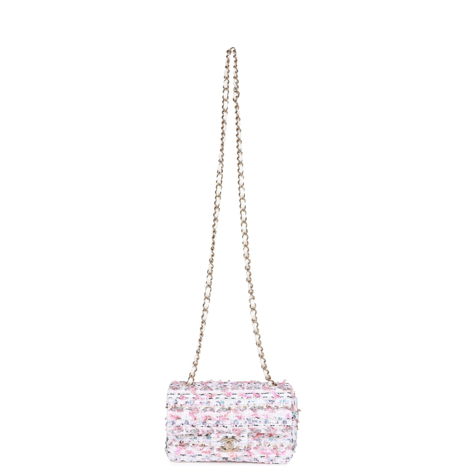 Chanel Mini Rectangular Flap Bag White Tweed Light Gold Hardware
