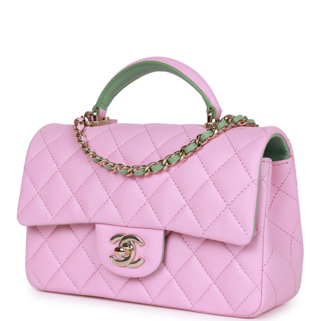 Chanel Mini Rectangular Flap with Top Handle Lilac and Green Lambskin Light Gold Hardware