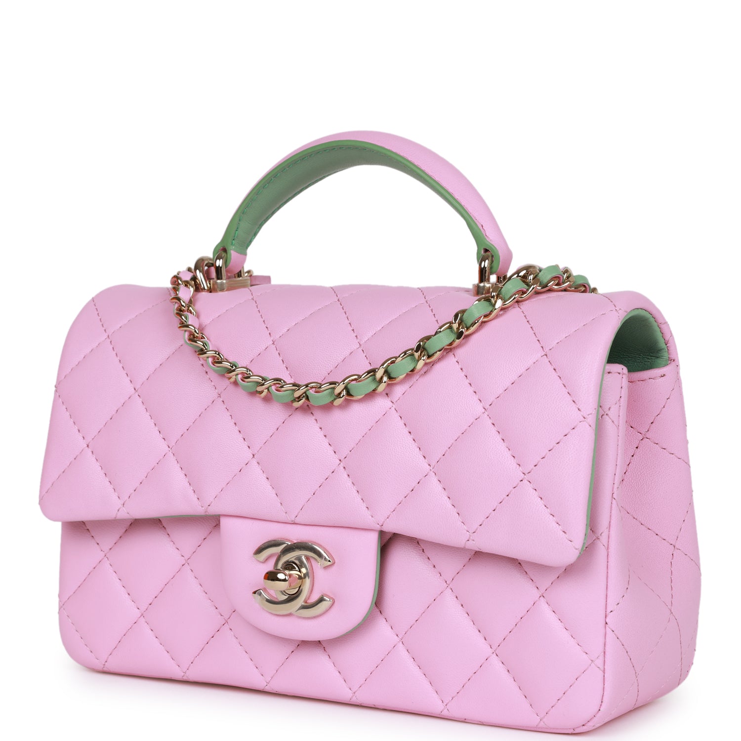 Chanel Mini Rectangular Flap with Top Handle Lilac and Green Lambskin Light Gold Hardware