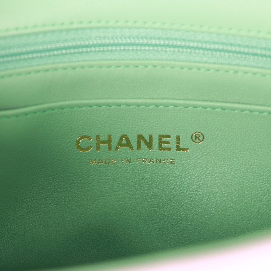 Chanel Mini Rectangular Flap with Top Handle Lilac and Green Lambskin Light Gold Hardware