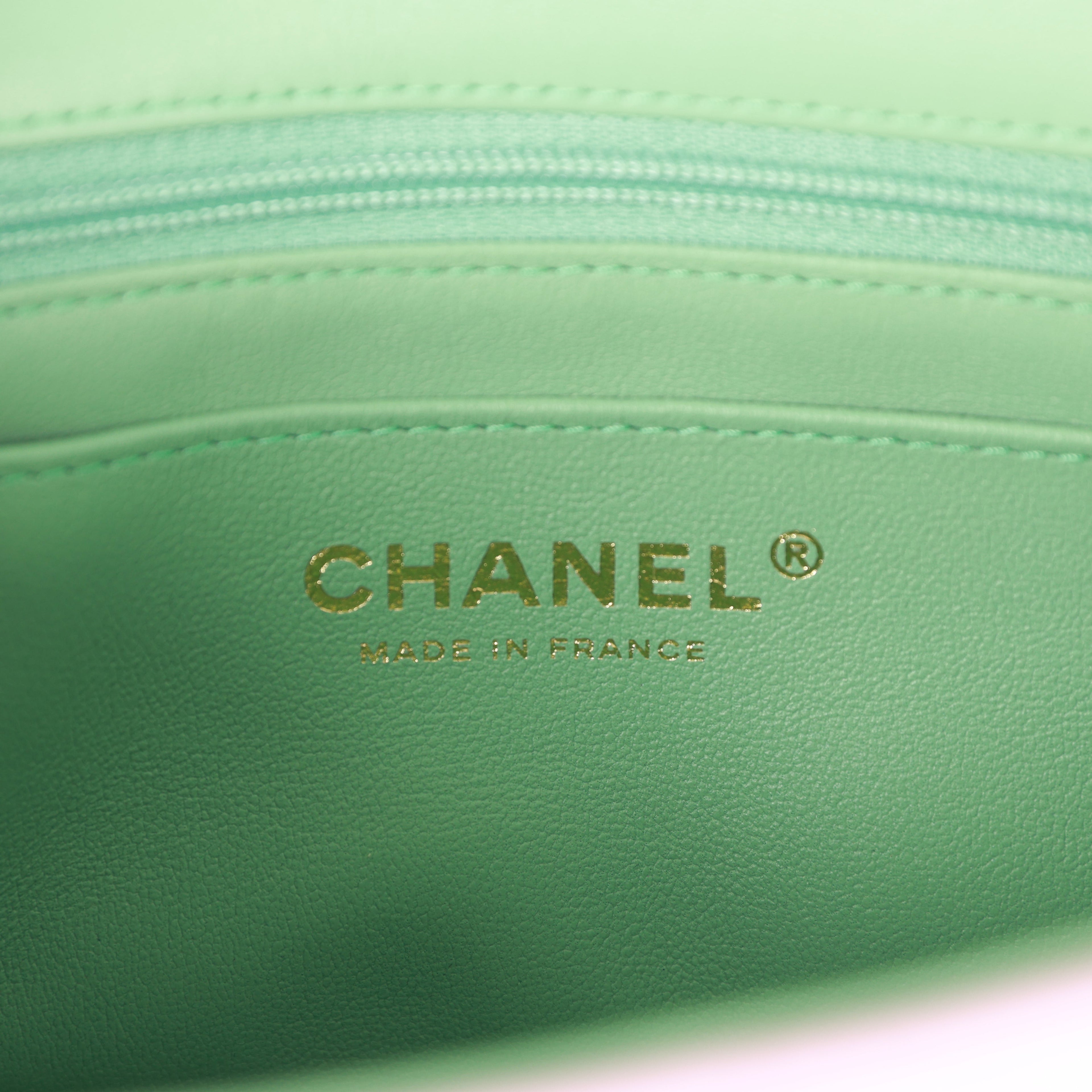 Chanel Mini Rectangular Flap with Top Handle Lilac and Green Lambskin Light Gold Hardware