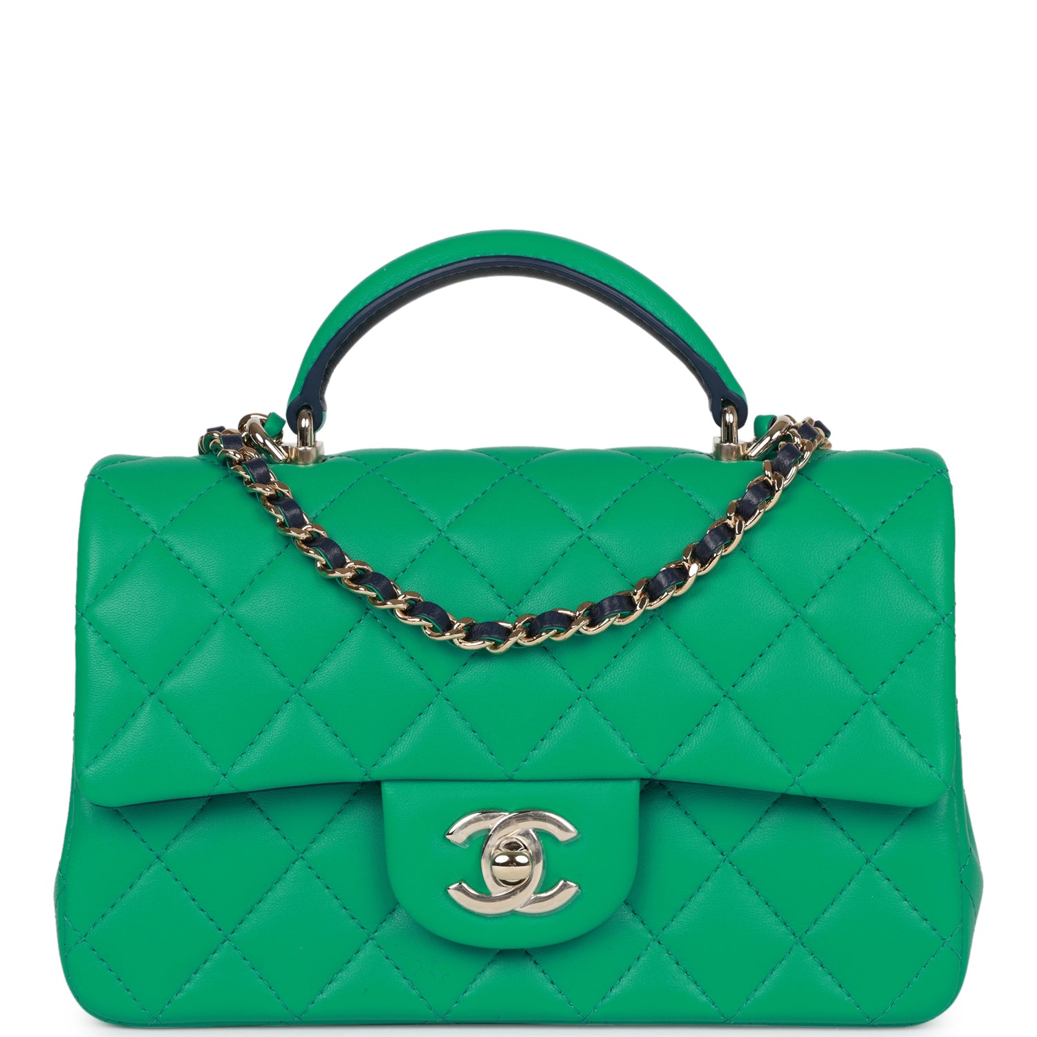 Chanel Mini Rectangular Flap with Top Handle Green and Navy Blue Lambskin Light Gold Hardware
