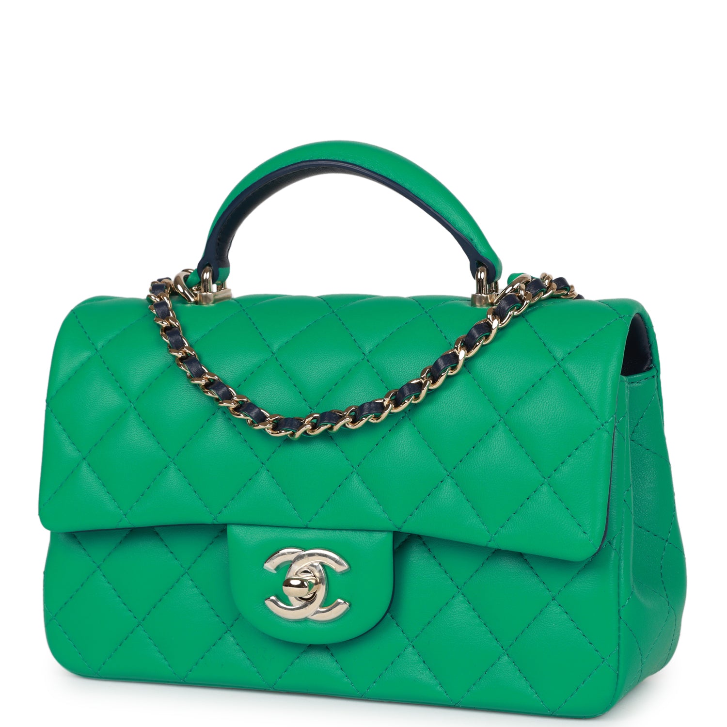 Chanel Mini Rectangular Flap with Top Handle Green and Navy Blue Lambskin Light Gold Hardware