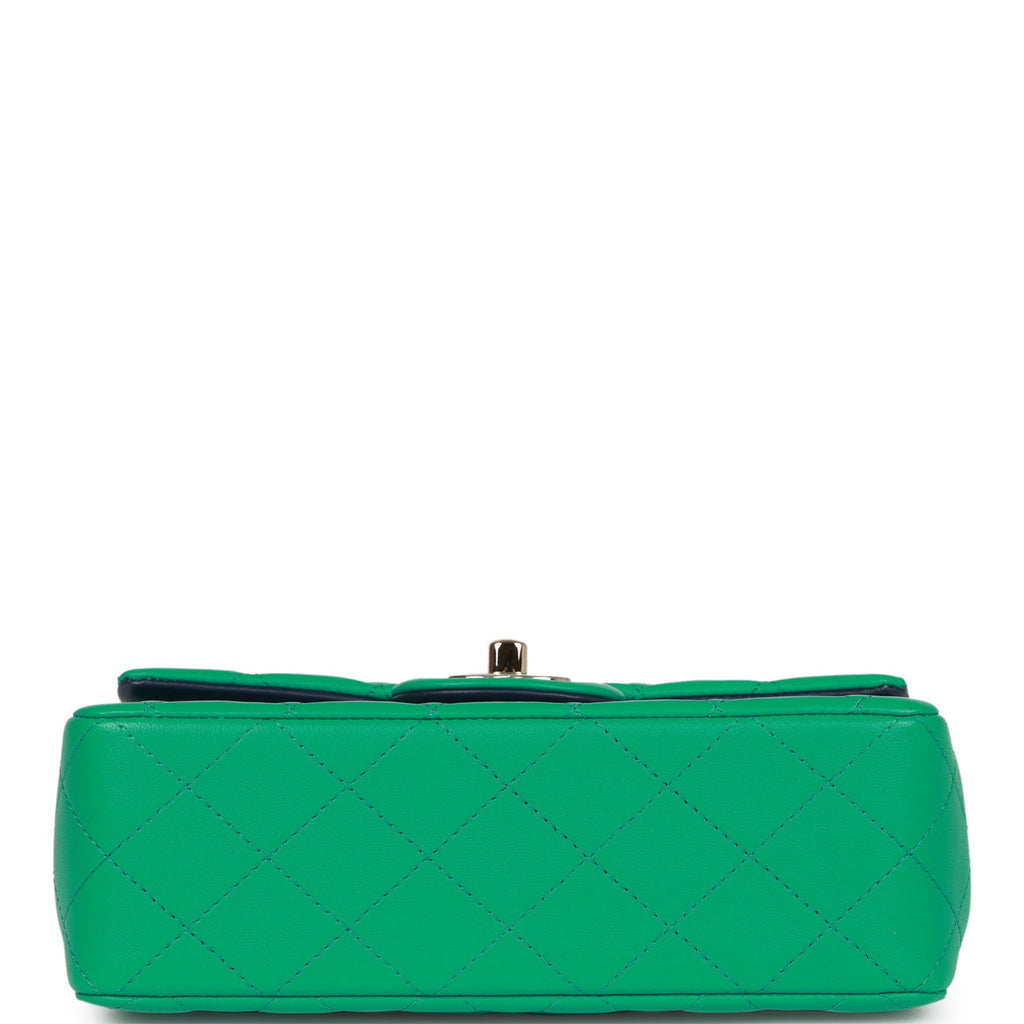 Chanel Mini Rectangular Flap with Top Handle Green and Navy Blue Lambskin Light Gold Hardware