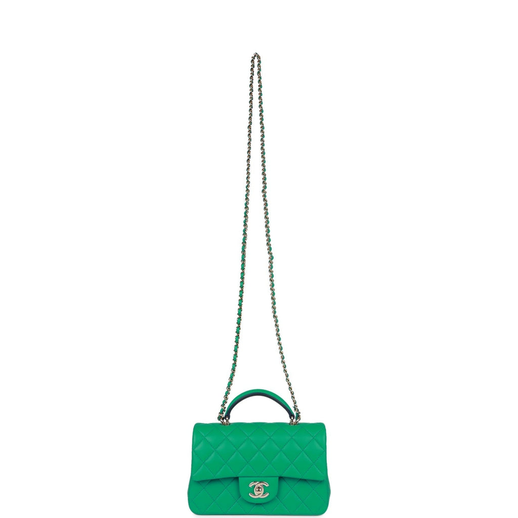 Chanel Mini Rectangular Flap with Top Handle Green and Navy Blue Lambskin Light Gold Hardware