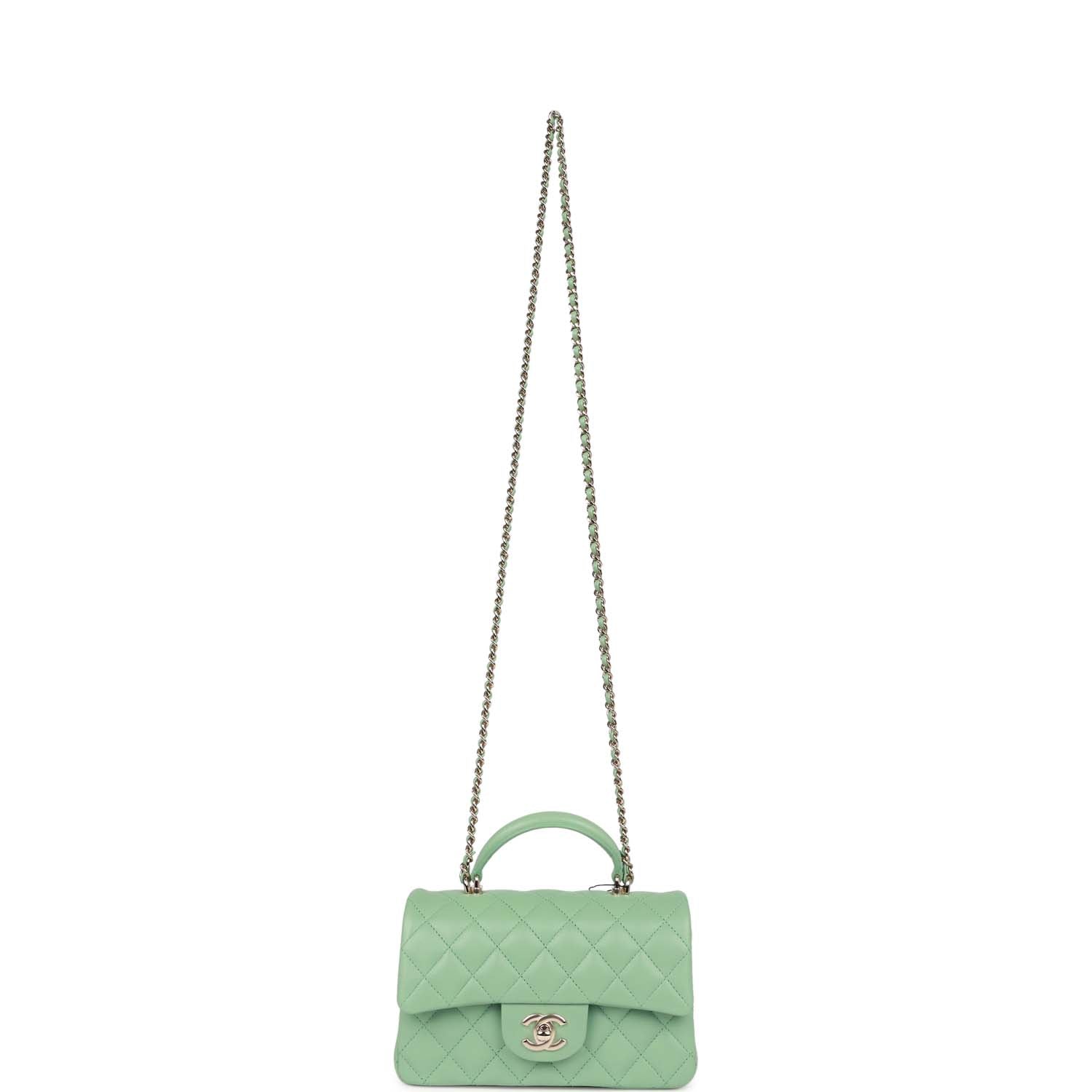 Chanel Mini Rectangular Flap with Top Handle Light Green Lambskin Light Gold Hardware