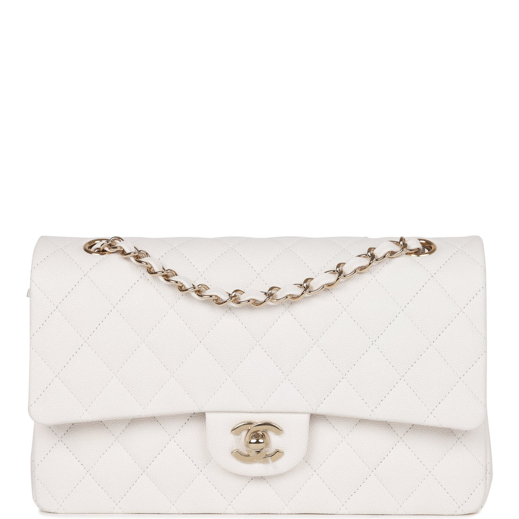 Chanel Medium Classic Double Flap Bag White Caviar Light Gold Hardware