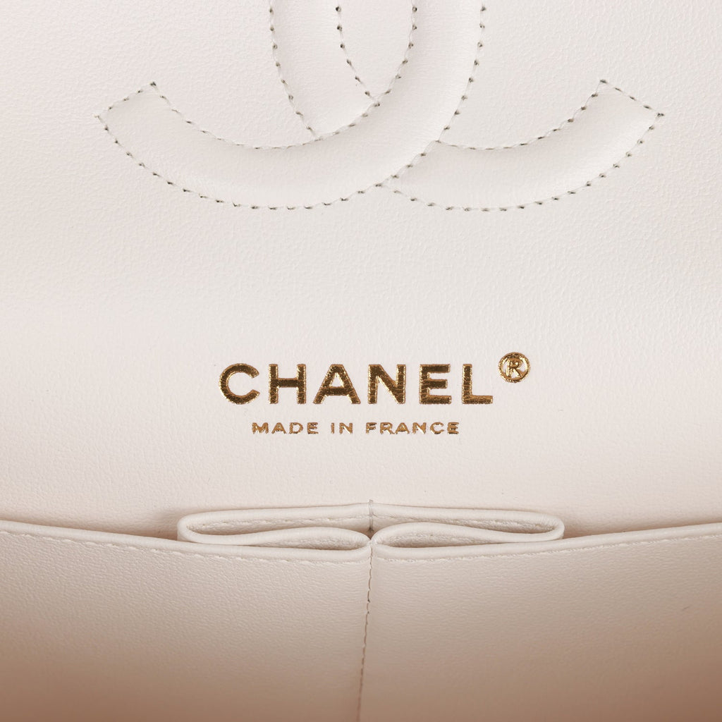 Chanel Medium Classic Double Flap Bag White Caviar Light Gold Hardware