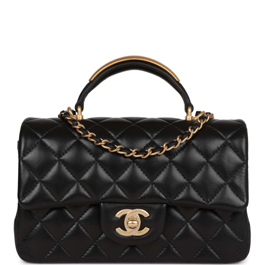 Chanel Mini Rectangular Flap with Top Handle Black Lambskin Antique Gold Hardware