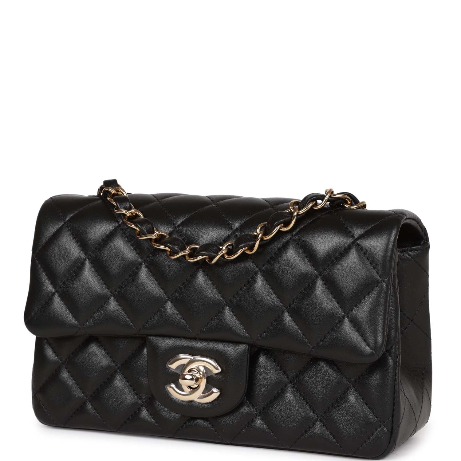 Chanel Mini Rectangular Flap Bag Black Lambskin Light Gold Hardware