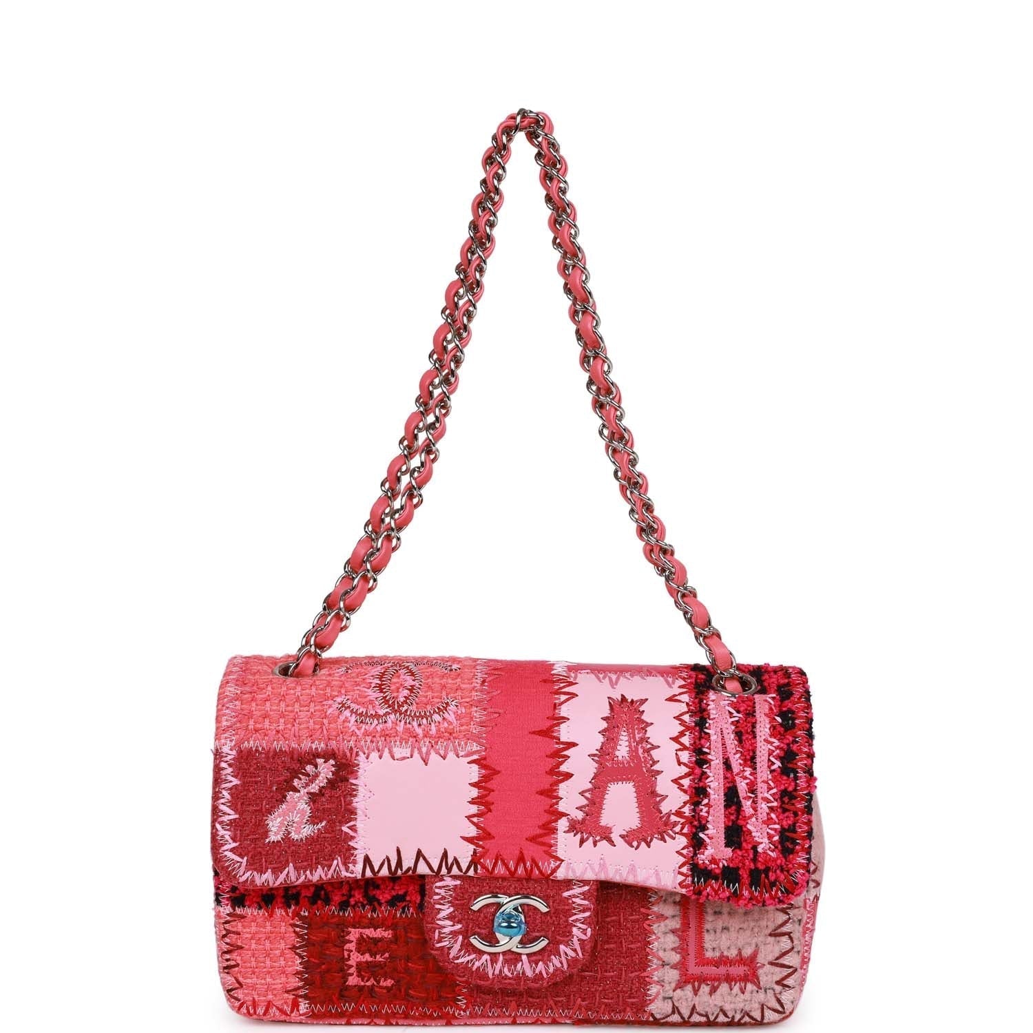 Chanel Medium Flap Bag Pink Patchwork Tweed Silver Hardware