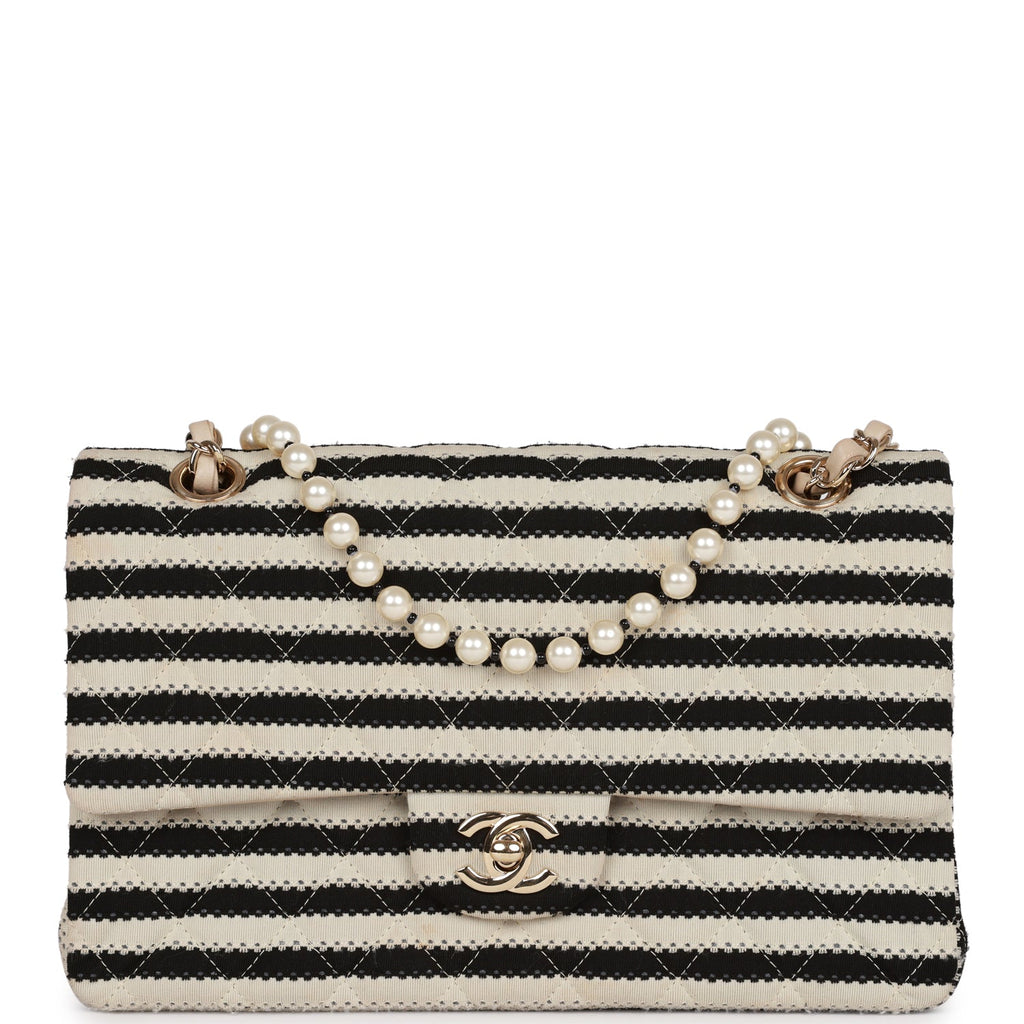 Chanel Medium Classic Double Flap Bag Black and Beige Striped Silk Light Gold Hardware