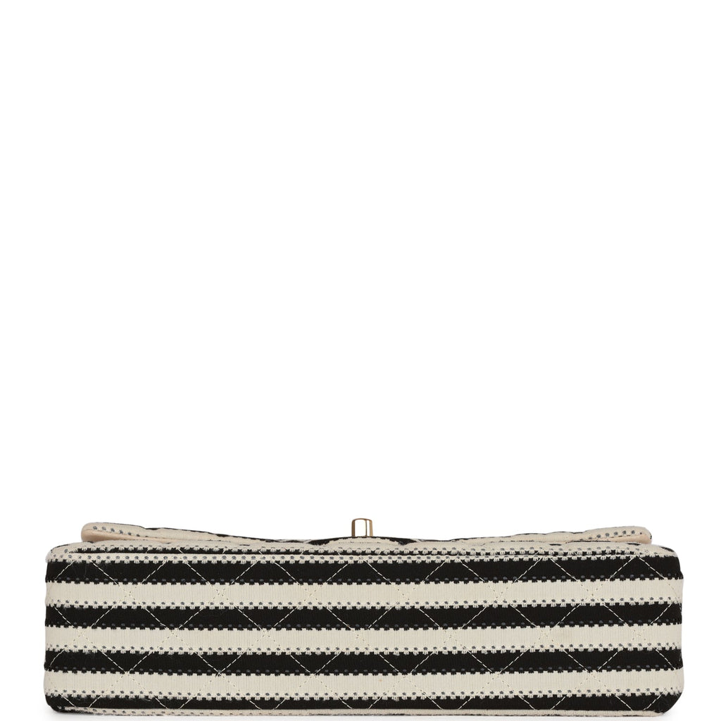 Chanel Medium Classic Double Flap Bag Black and Beige Striped Silk Light Gold Hardware