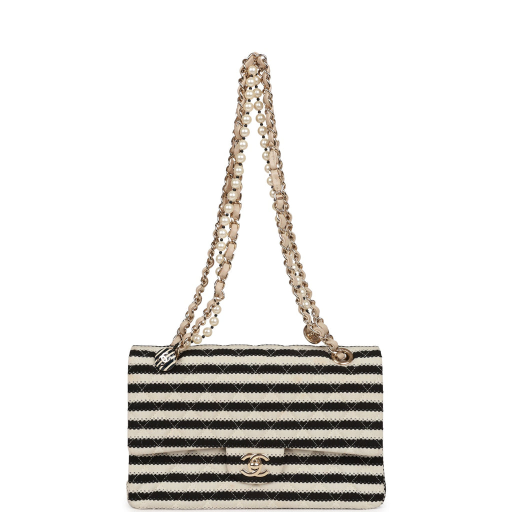 Chanel Medium Classic Double Flap Bag Black and Beige Striped Silk Light Gold Hardware