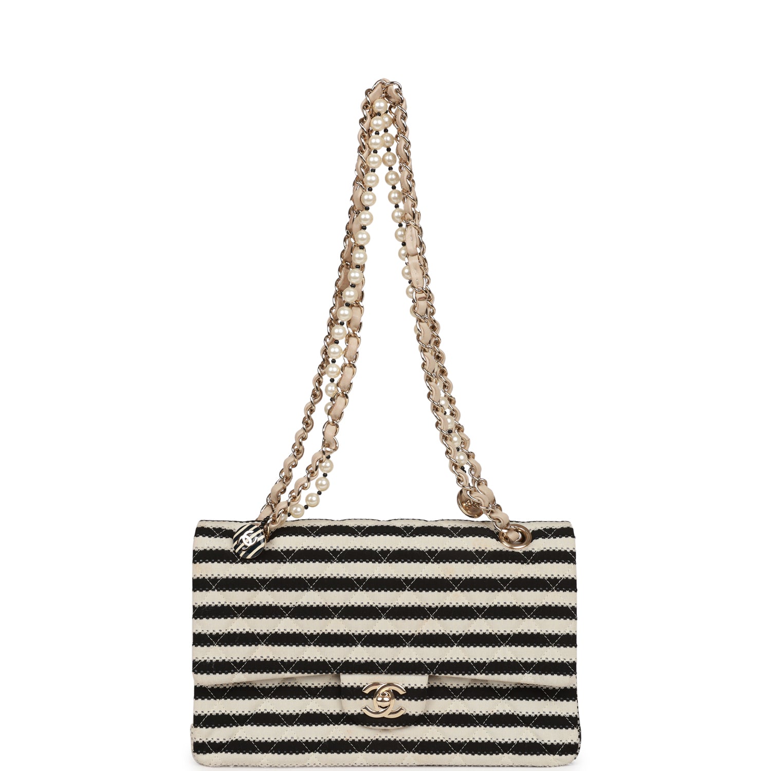 Chanel Medium Classic Double Flap Bag Black and Beige Striped Silk Light Gold Hardware